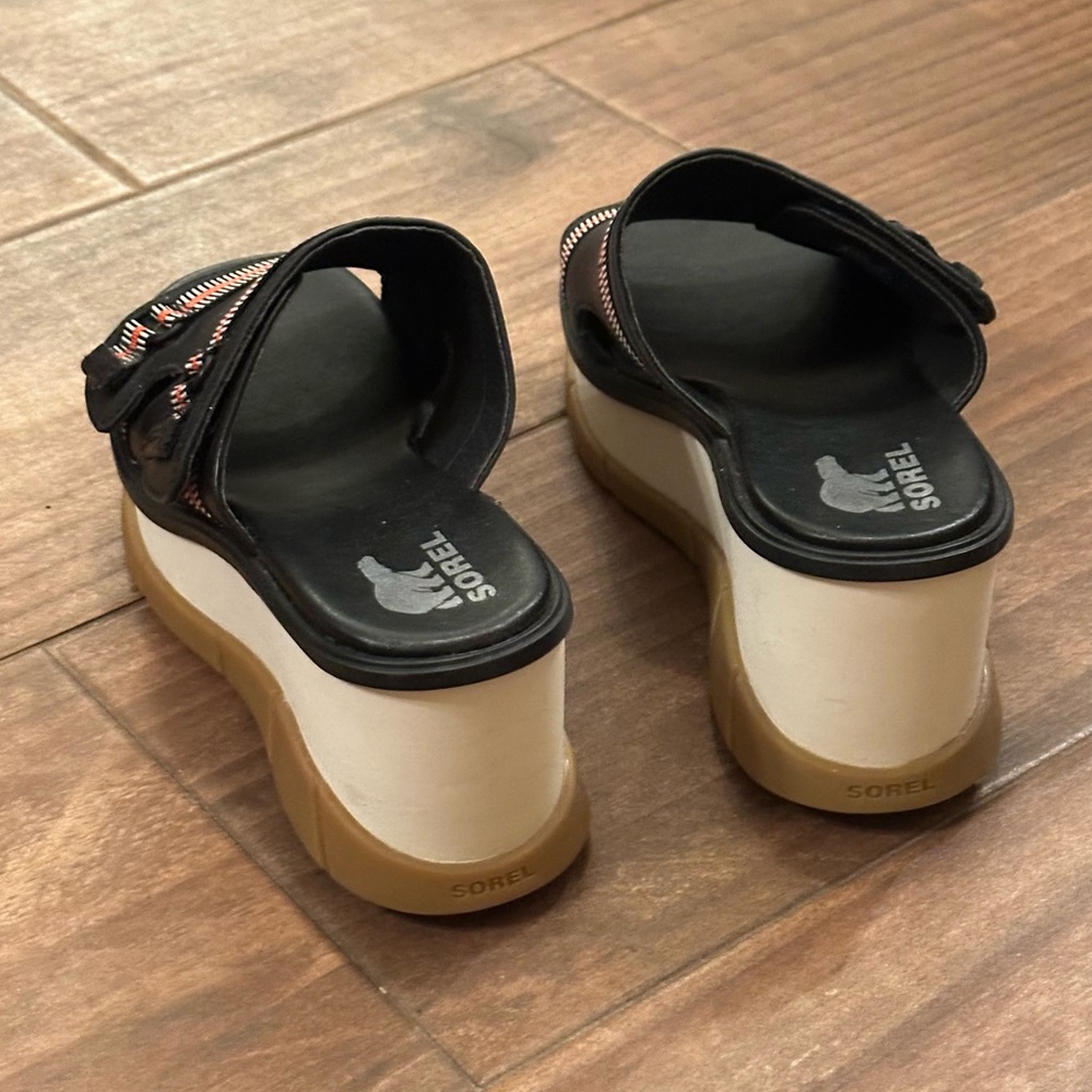 SOREL Joanie III Slide Wedge Sandals Women's Size 8 Black Leather Adjustable - Picture 4 of 6